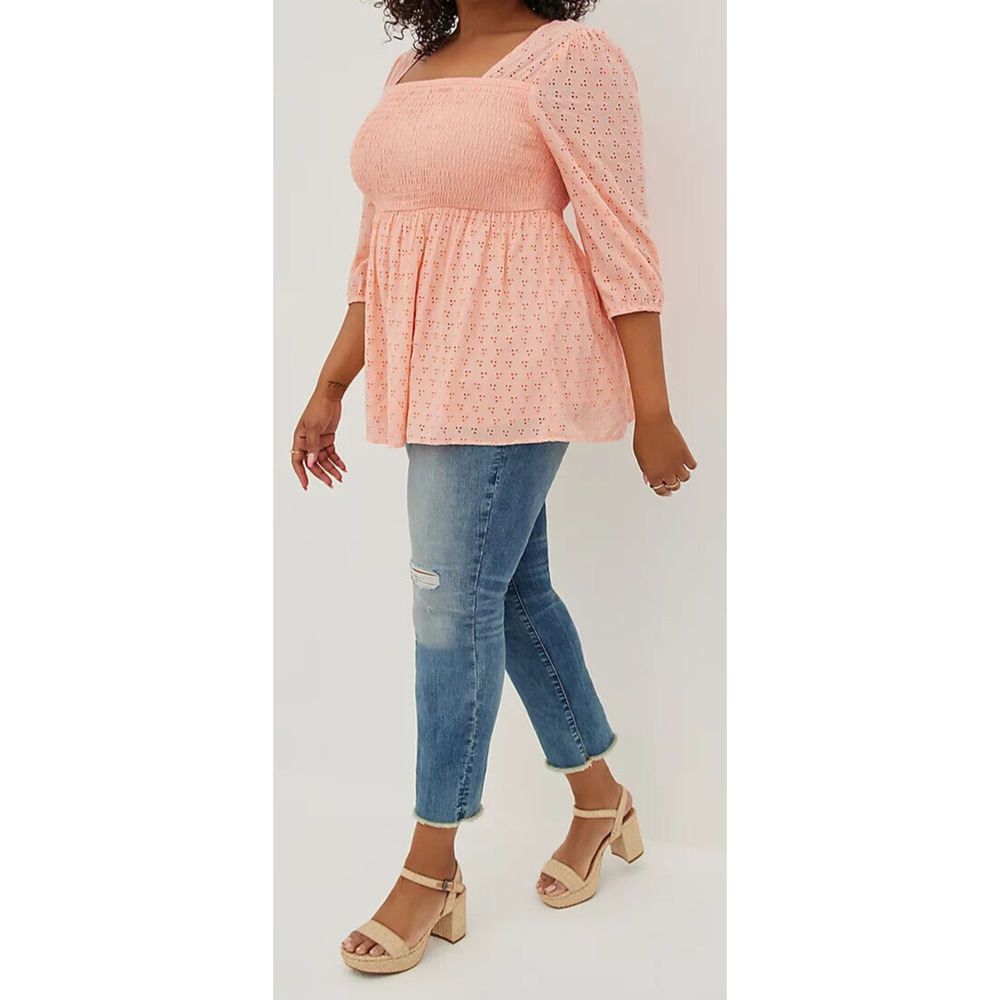 Torrid Voile Eyelet Smocked Babydoll 3/4 Sleeve Top Peach Women's Plus Size 3 3X - Picture 10 of 10